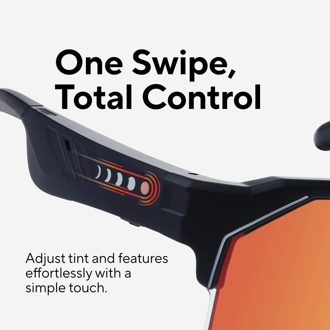 CHAMELO Music Shield Smart Audio Sunglasses – Matte Black Frame, Fire Lenses | Open-Ear Bluetooth Glasses for Men & Women with Electronic Tint Control, Sweat Proof, Sports Eyewear, 100% UV Protection