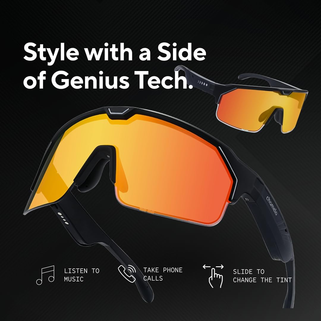 CHAMELO Music Shield Smart Audio Sunglasses – Matte Black Frame, Fire Lenses | Open-Ear Bluetooth Glasses for Men & Women with Electronic Tint Control, Sweat Proof, Sports Eyewear, 100% UV Protection