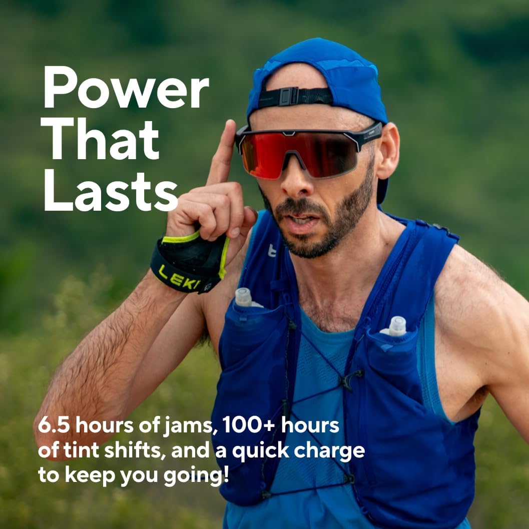 CHAMELO Music Shield Smart Audio Sunglasses – Matte Black Frame, Fire Lenses | Open-Ear Bluetooth Glasses for Men & Women with Electronic Tint Control, Sweat Proof, Sports Eyewear, 100% UV Protection